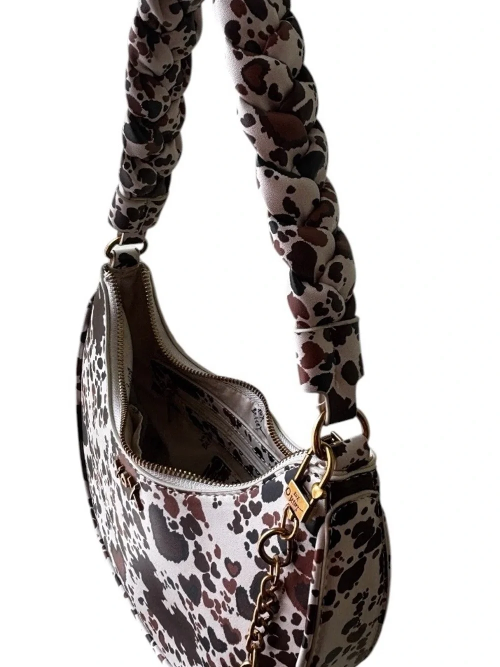 Betsey Johnson White Brown Black  Cowspot Hearts Crescent Shoulder Bag